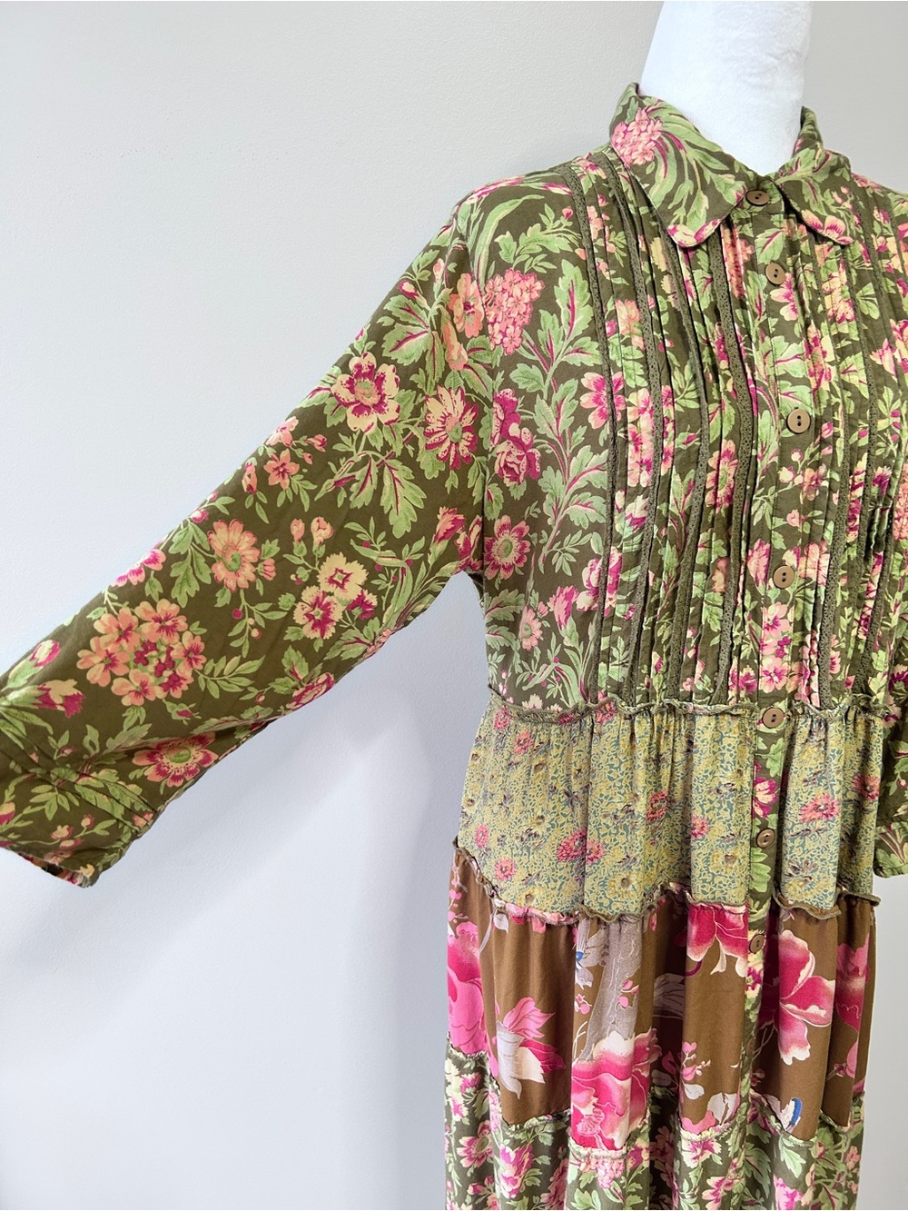 April Cornell Women’s XL Olive Pink Floral Tiered Patchwork Pintuck Maxi Dress - Picture 4 of 14